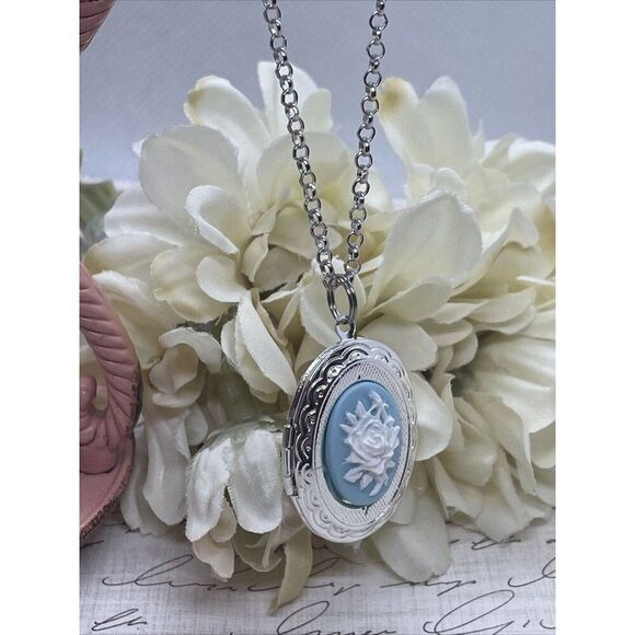BLUE Rose White Mothers Day Cameo Locket Silver Easter Daughter Gift Wedding - Picture 10 of 10